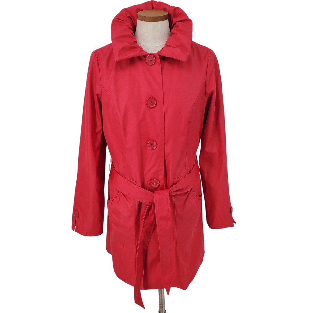 Dennis by Dennis Basso Red Trench Coat Hidden Hood Snakeskin Lining Small New